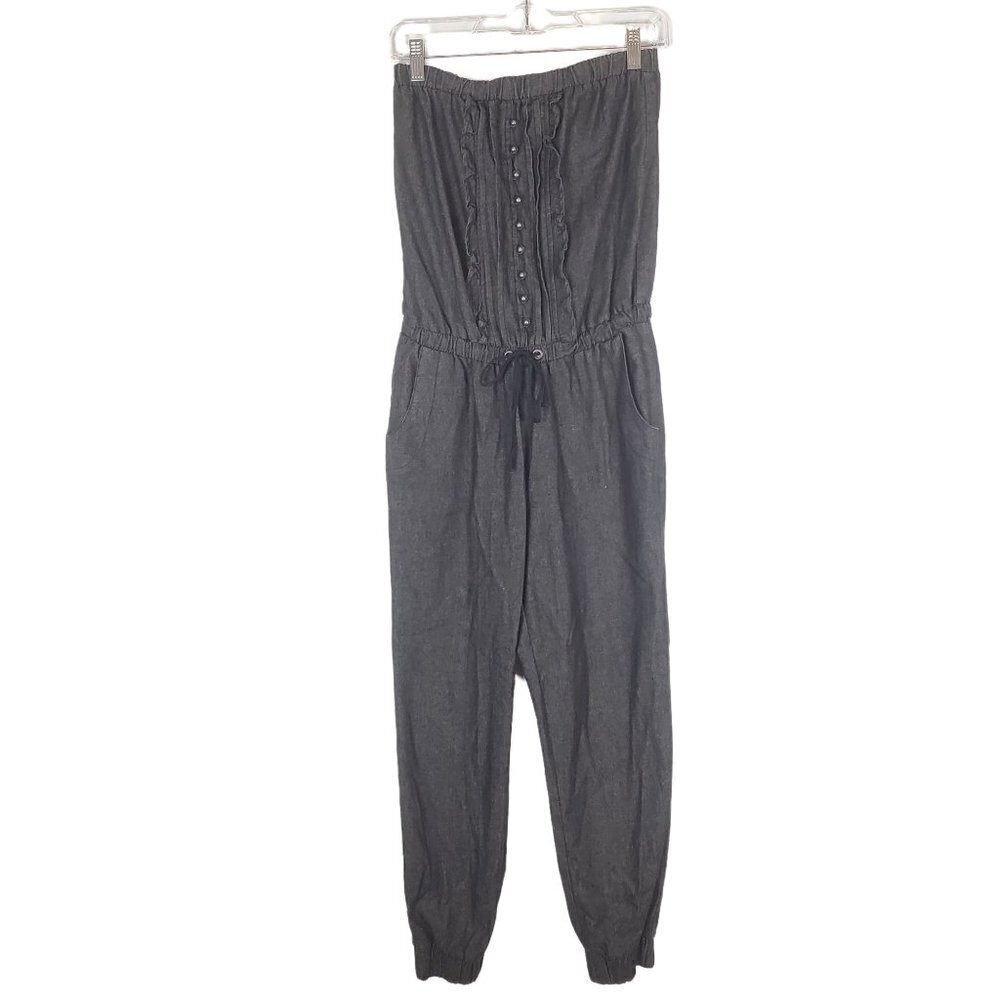 579 Small Strapless black Denim Jumpsuit Lightweight Faux Buttons Jogger Pullon